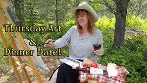 this is a photo showing Rain Frances painting and sipping wine for Thursday Art and Dinner Date