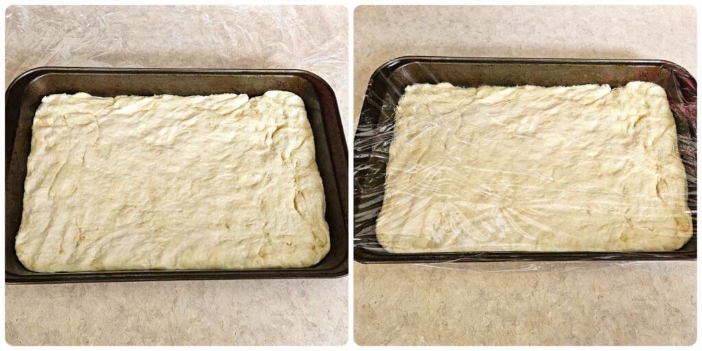 This mosaic image shows the fifth steps in making focaccia bread.