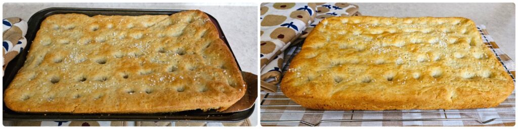 This mosaic image shows the last step in making focaccia bread.