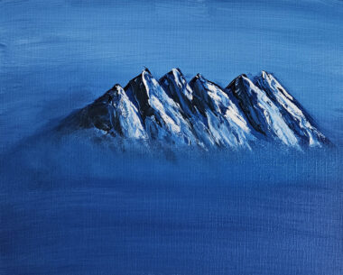 This image is a painting of Rain Frances Arts' How To Paint Mountains Like Bob Ross.