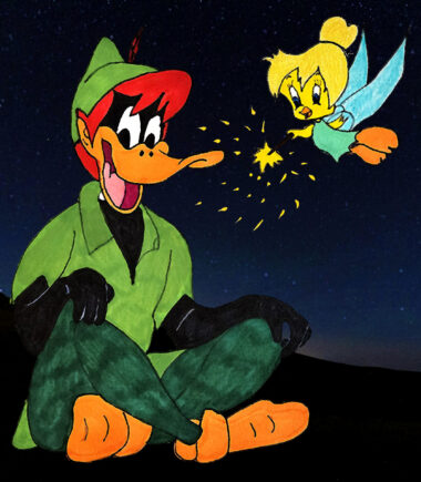 daffy duck as peter pan tweety bird as tinker bell for thursday art and dinner date optional prompt is far away