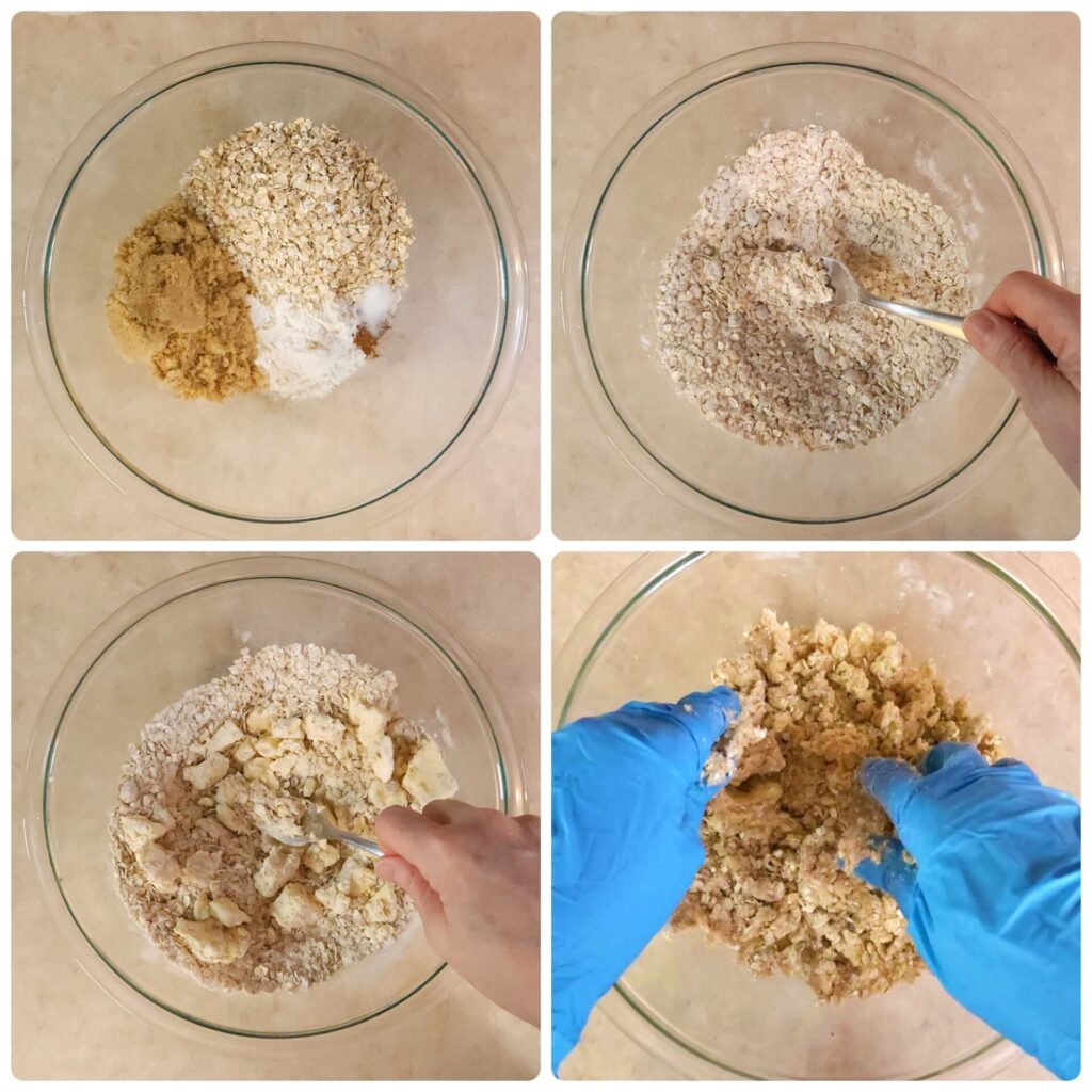 how to make apple crisp with oats mixing the ingredients for the topping and cutting in the butter